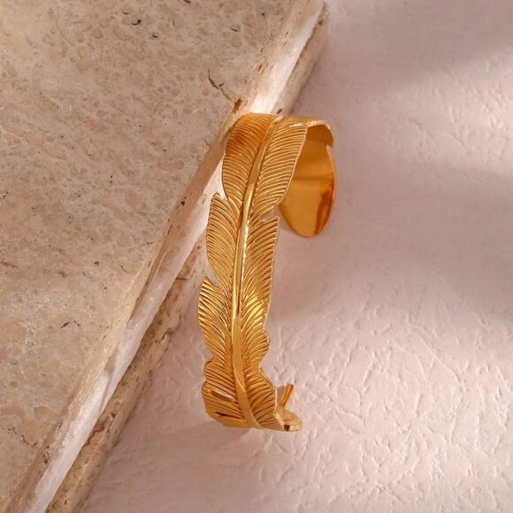 Feather Cuff Bangle Bracelet in Gold